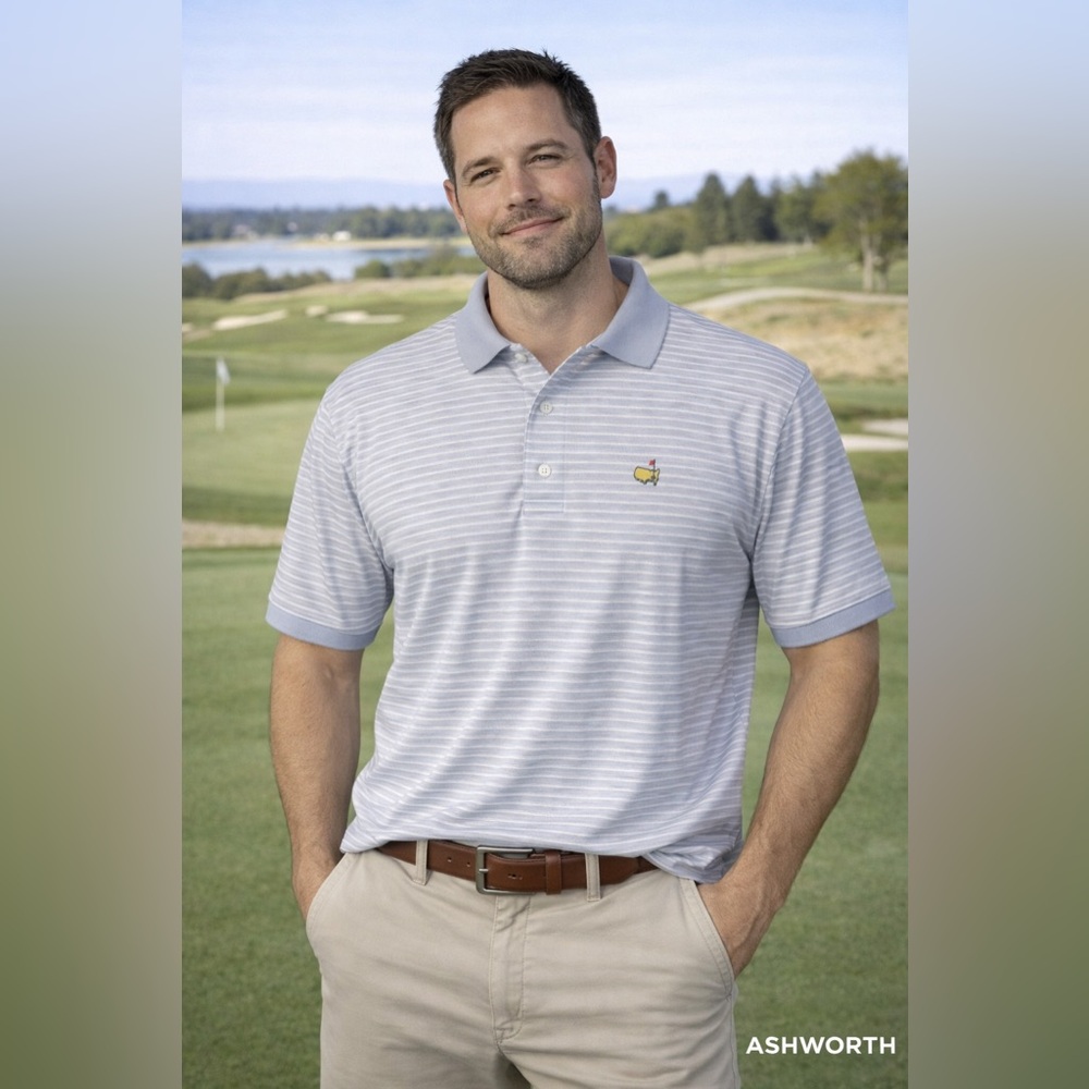 Ashworth Men's Polo Shirt - Light Blue Stripes - Master’s Logo